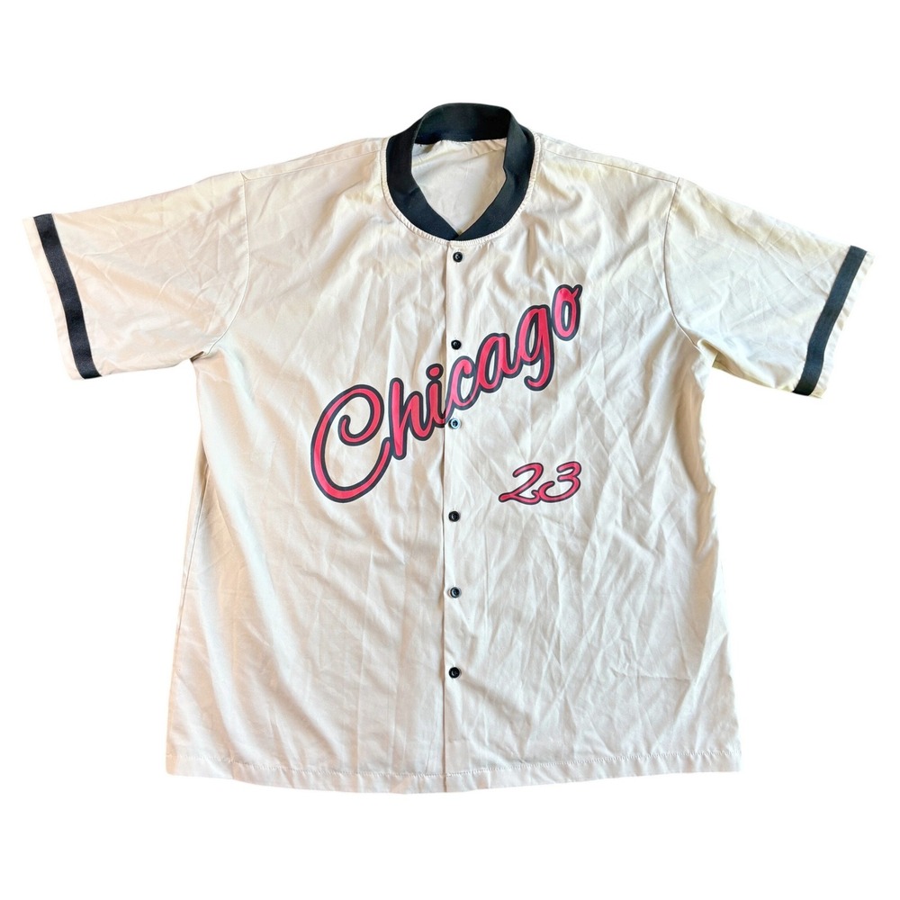 Mens Chicago 23 Baseball Jersey Beige Short Sleeve Button Up Shirt Size L